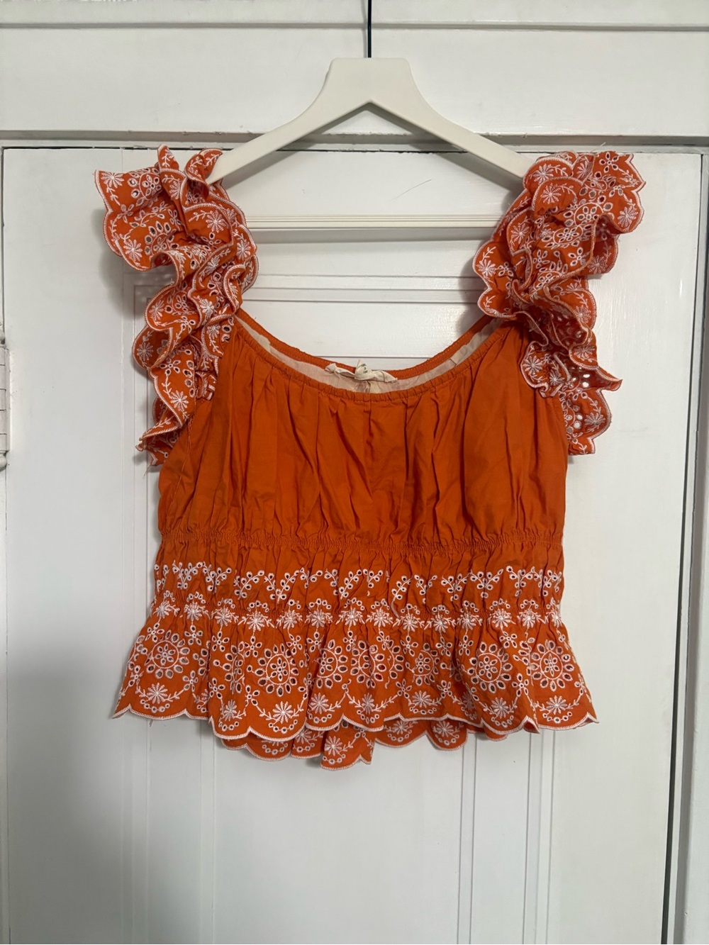 Blue Tassel Anthropologie Cotton Orange Eyelet Ruffle Sleeve Peplum Crop Top - Picture 2 of 8